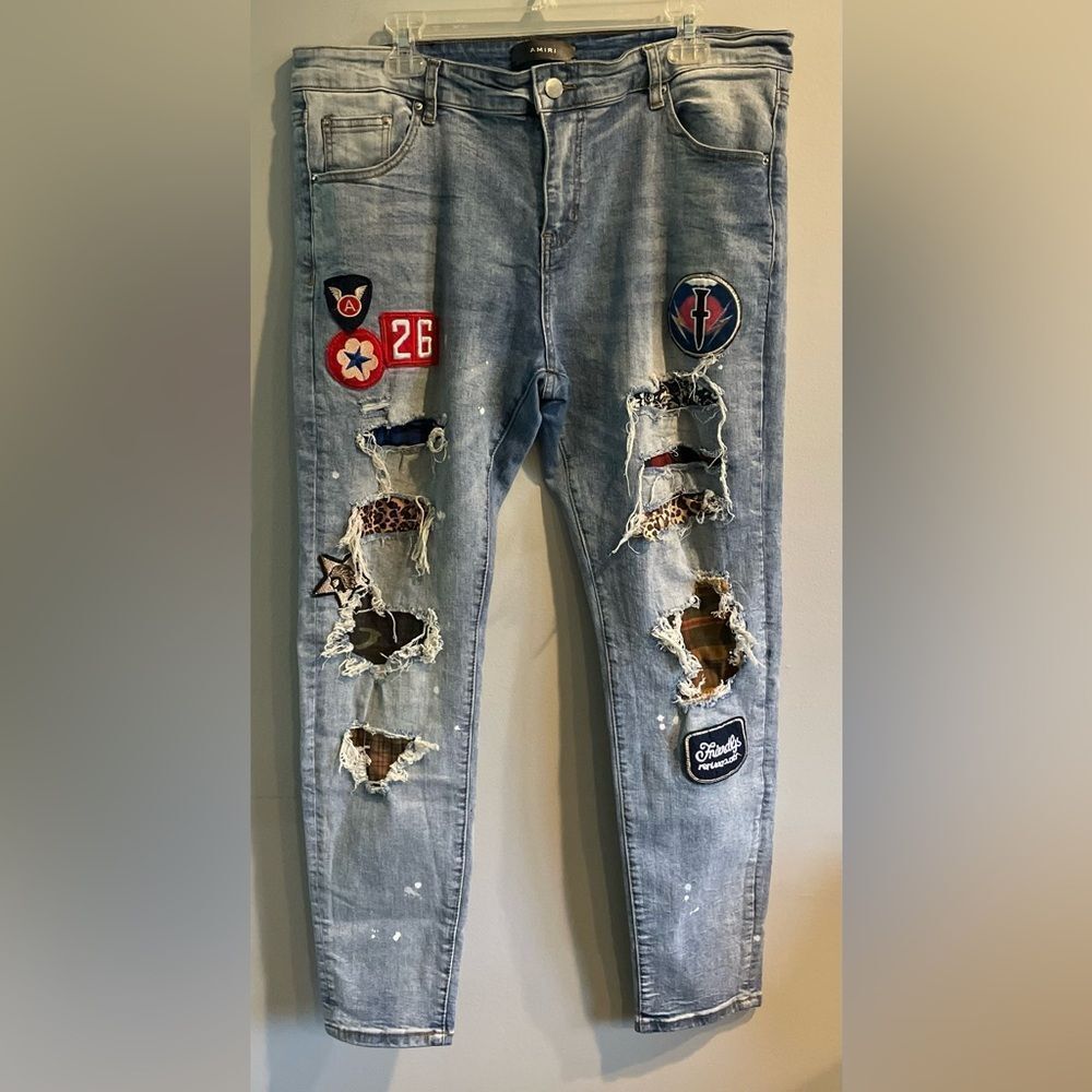 AMIRI MX1 Biker Patch Distressed Jeans Clay Indigo Size 38